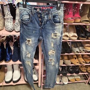 Smash is Moon Distressed Blue Denim Jeans W28 L31 Button Fly Ripped Casual